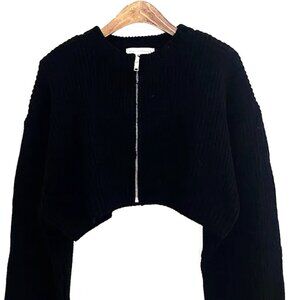 CROPPED KNIT BLACK MEDIUM ZIP UP CARDIGAN RIBBED METAL INDUSTRIAL ZIPPER